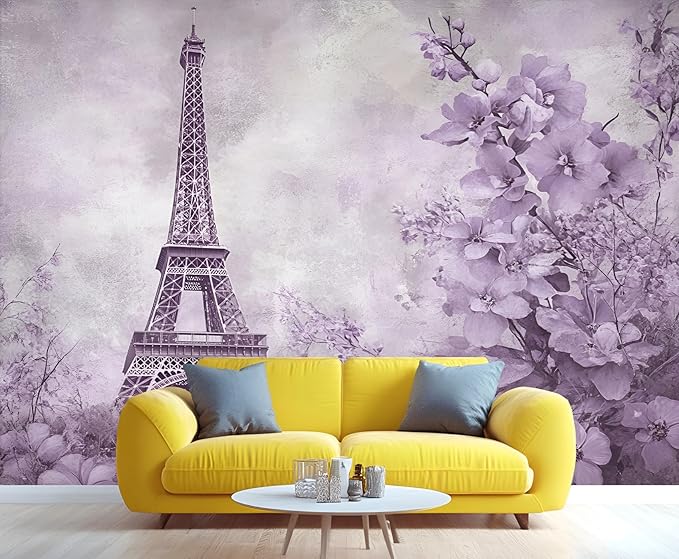 Lilac Wall Murals, Eiffel Tower Mural Wallpaper, Purple Flowers Wall Decor, Vintage Mural for Bedroom, Romantic French Wallpaper for Living Room 157"（W） x 78"（H）