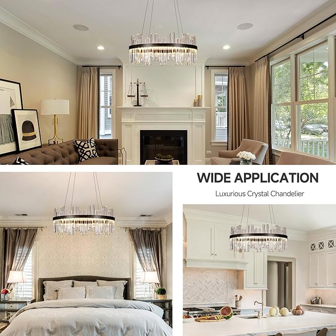 Modern Round Crystal Led Chandelier: 23.6" Black Contemporary K9 Crystals Large Chandeliers - Dimmable 3 Color Drum Ceiling Chandelier - Height Adjustable Circular Light Fixture for Bedroom Kitchen