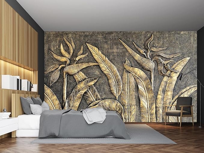 Cliouar-Golden Bird of Paradise Sculpture 3D Three-Dimensional Wallpaper Mural 103" x 69"(Not Self-Adhesive)