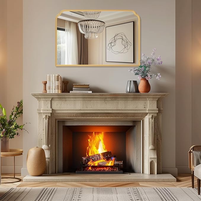 36X24 Inch Gold Bathroom Vanity Mirror for Over Sink, Modern Rounded Corner Fireplace Decor Mirror with Non-Rusting Iron Metal Framed
