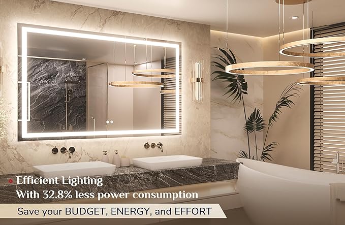 Keonjinn 55 ” x 36 ” Lighted Mirror for Bathroom Wall, LED Mirror with Frontlit & Backlit, Bathroom Mirror with Lights, Dimmable 3-Color Lights, HD Tempered Glass, UL-Listed LED Driver