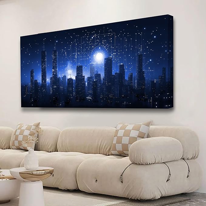 Night Stars City Wall Art Bedroom Wall Decor Living Room,Night Tall Buildings Canvas Wall Art Office Farmhouse Paintings Artwork Modern Blue Cityscape Wall Art Prints Pictures 20 * 40inch