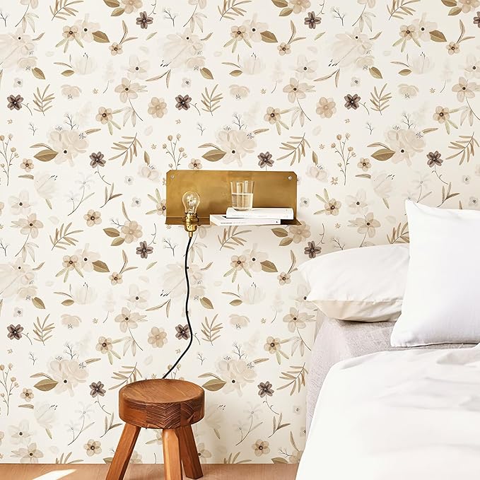 17.3"x118" Warm White Peel and Stick Wallpaper Autumn Floral and Leaf Wallpaper Self Adhesive Contact Paper Brown Flower Wall Paper Leaves Removable for Bedroom Furniture Decor