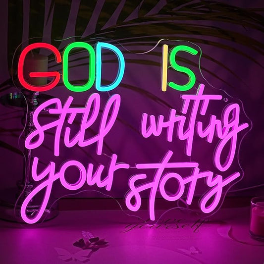 LISIGNVE God Is Still Writing Your Story Neon Sign USB Powered Christian Neon Light Sign Wall Decor Dimmable LED God Neon Light for Church Bedroom Wedding Birthday Party Neon Sign(16.5”*12.6”)