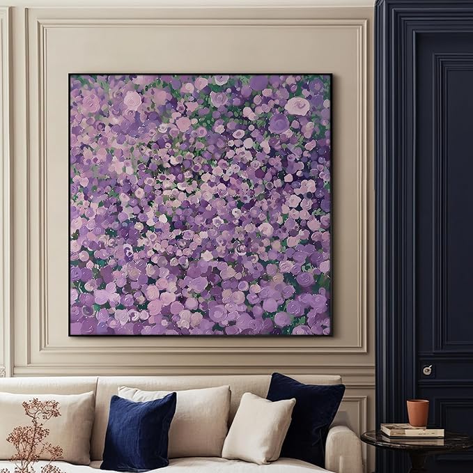 46"x46" XL Framed Wall Art Purple Blossom Burst Abstract Floral Impressionist Violet Flower Field (Frame Assembly Required)