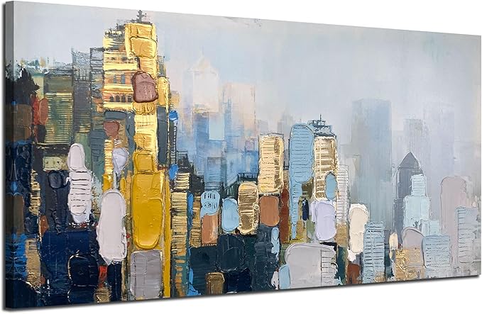 Arjun Neutral Wall Art Painting Abstract Art Wall Decor Canvas, Large Textured Skyline for Living Room Gold Painting Modern Wall Art for Men Bedroom Cityscape Artwork Home Office Wall Decor, 48"x24"