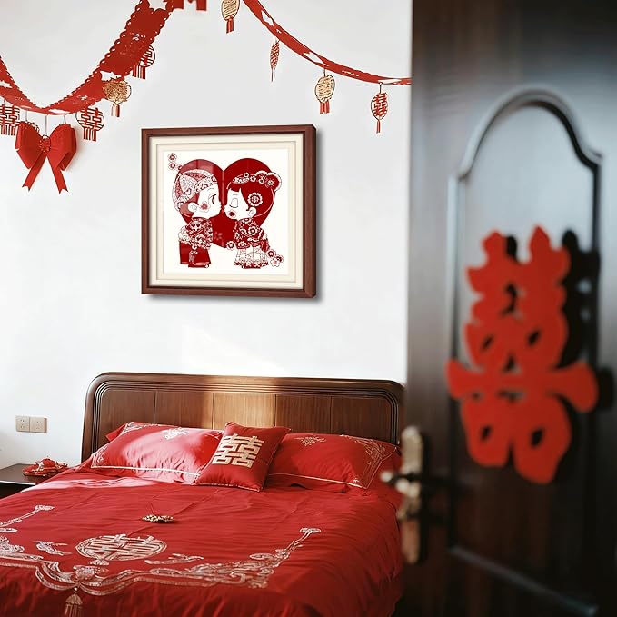 crmotu Chinoiserie Wall Art, Chinese Wedding Paper-Cutting Framed Wall Decor, Romantic Couple Wall Decor, Unique Folk Handmade Gift for Newlyweds Engagement Anniversary 26x26 Inch