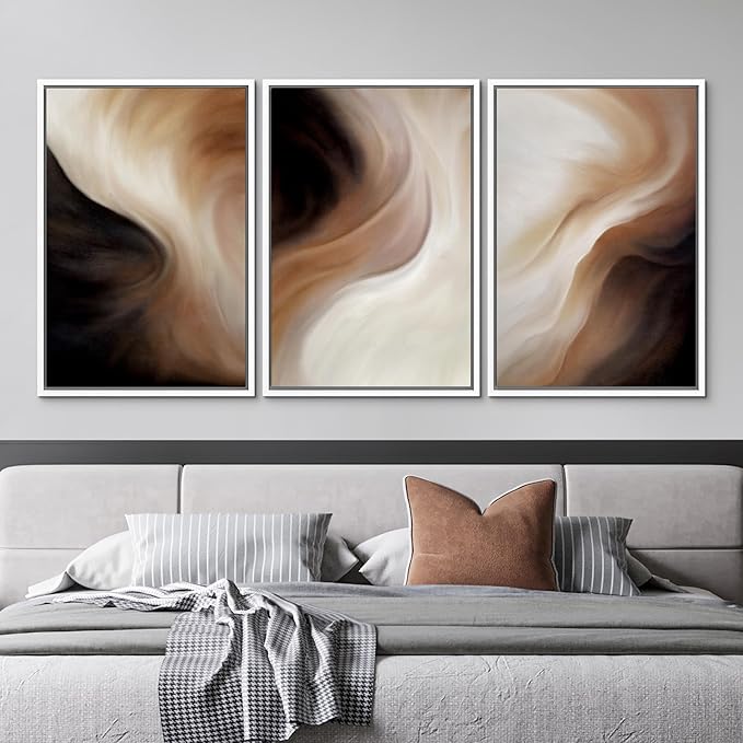MUDECOR Framed Canvas Print Wall Art Abstract Neutral Brown and Beige Fluid Illustrations Realism Decorative for Living Room, Bedroom, Office - 24"x36"x3 White