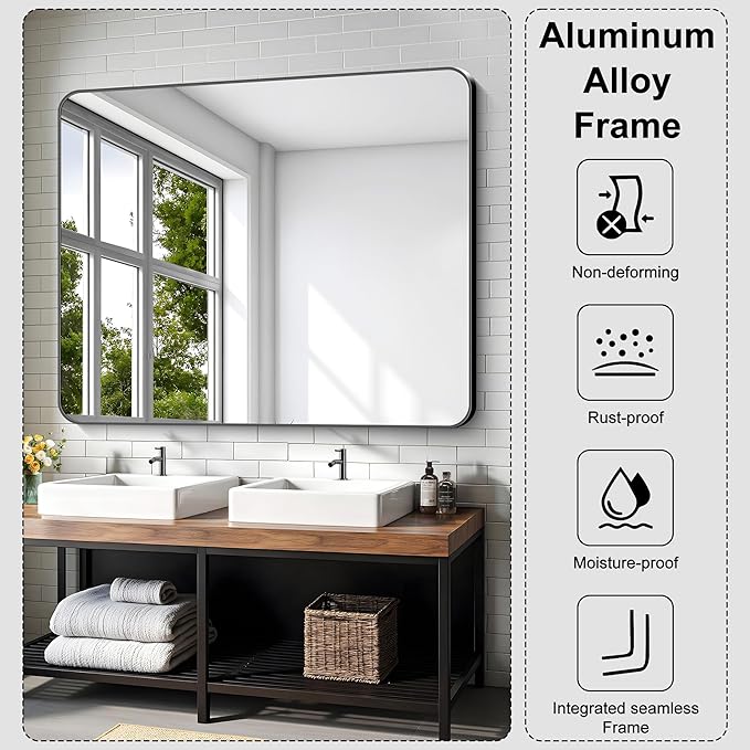 KOCUUY 40"x48" Large Rectangle Vanity Mirror, Black Metal Frame Mirror with Rounded Corner, Modern Design of Upgraded Shatterproof Glass for Bathroom, Bedroom, Living Room, Entryway