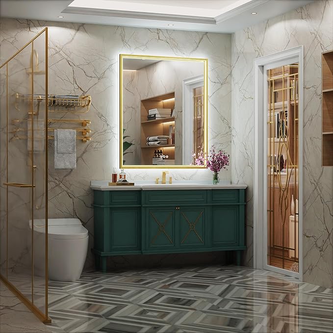 30x36 Inch Gold LED Bathroom Mirror with Front & Back Lights, Adjustable 3000K/4500K/6000K, Wall Mounted Lighted Bathroom Vanity Mirrors, Anti-Fog, Dimmable, Horizontal/Vertical