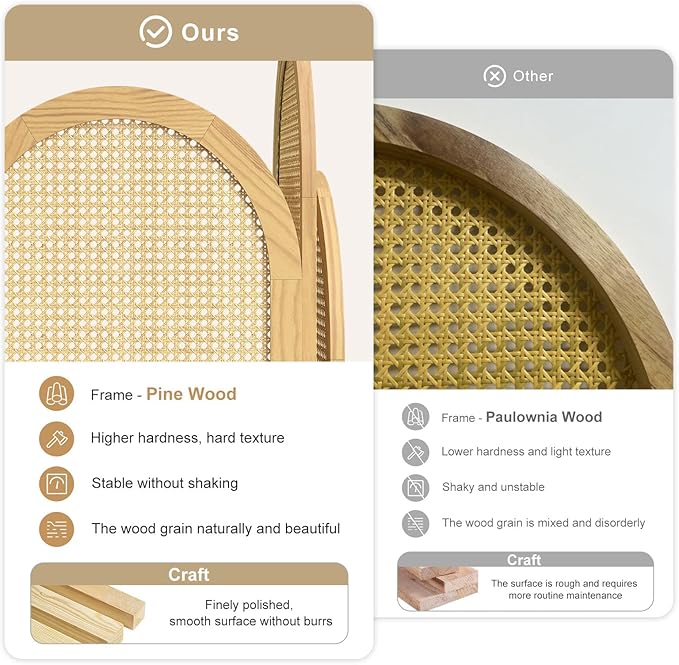 3-Panel Hand-Woven Rattan Room Divider, Tall Foldable Privacy Screen with Wooden Frame - Freestanding Portable Partition for Home Office, Bedroom, Bathroom(Natural-Wave)