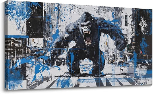 JEAWA Large Canvas Wall Art, Funny Angry Gorilla Abstract City Street Graffiti Pop Paintings Black and White Modern Picture for Living Room Bedroom Men Teenage Study Home Office Decor 24x48 IN