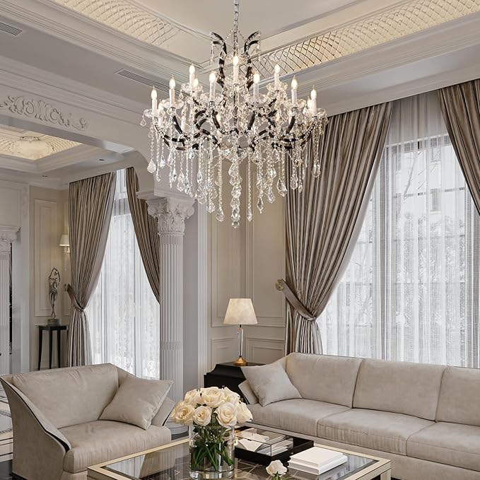 Black Large K9 Crystal Chandelier 18-Lighting Maria Theresa Chandeliers Luxury Modern High Ceiling Candle Chandelier Pendant Light Fixture 41" for Living Room, Dining, Foyer, Staircase, Entryway