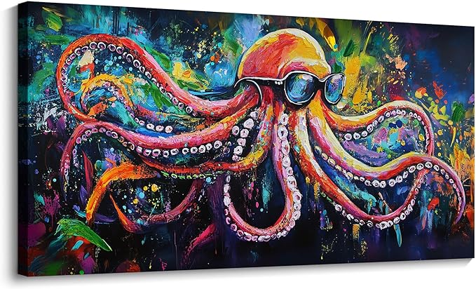 JEAWA Large Canvas Wall Art - Funny Octopus Wearing Sunglasses Modern Graffiti Texture Wall Painting for Living Room Bedroom Men Teenage Boy Room Game Room Cool Posters Decor 24x48 IN