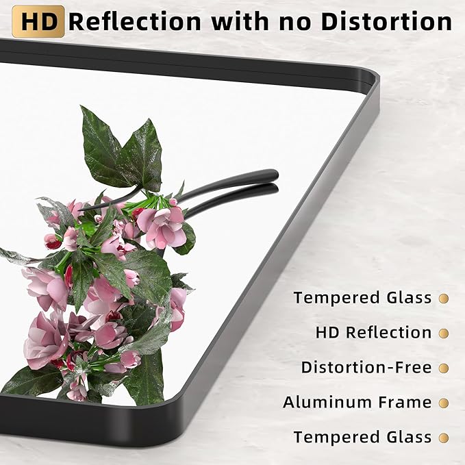 Kosmonia 30x22 Bathroom Vanity Mirror for Wall, Aluminum Framed, Farmhouse Rectangle, Anti-Rust, HD Reflection Anti-Desilvering, Distortion Free, Tempered and Shatter-Proof Wall Mounted Mirror, Black