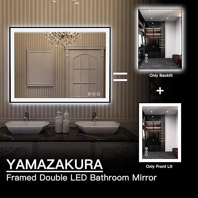 LED Bathroom Mirror 40x30 with Backlit and Front Lighted, Framed Dimmable Illuminated Mirror for Wall Anti-Fog Shatterproof (Horizontal/Vertical)