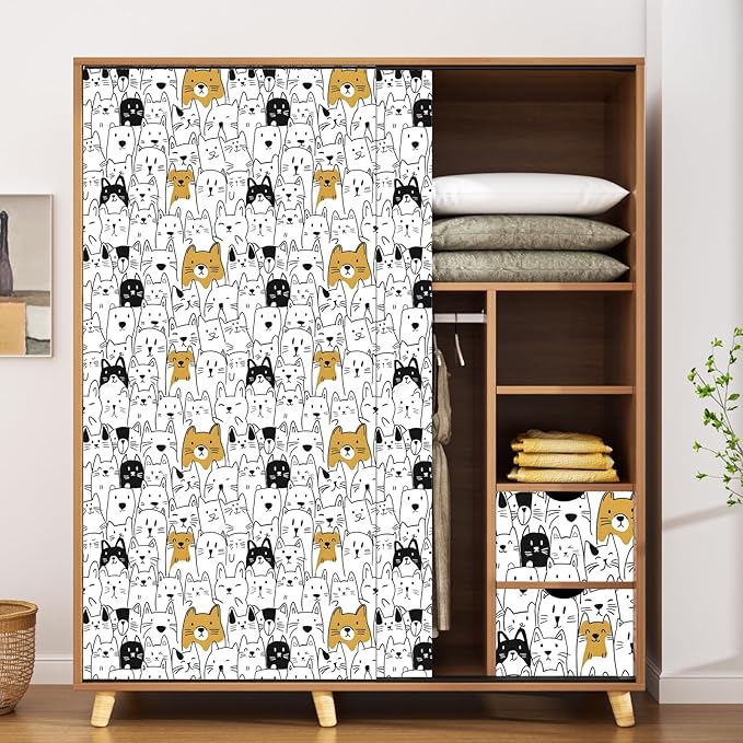 Cats Peel and Stick Wallpaper Boho White Contact Paper Cute Animal Removable Self Adhesive Waterproof Wall Paper for Cabinet Drawers Wall Decor Renter Friendly 17.5''x118''