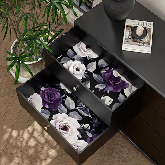 Black Foral Wallpaper Peel and Stick Dark Purple and White Rose Contact Paper, Vintage Self-Adhesive Removable Flower Wall Paper for Bedroom Countertop Desk Cabinets Decor 17.4" x 118" Renter Friendly