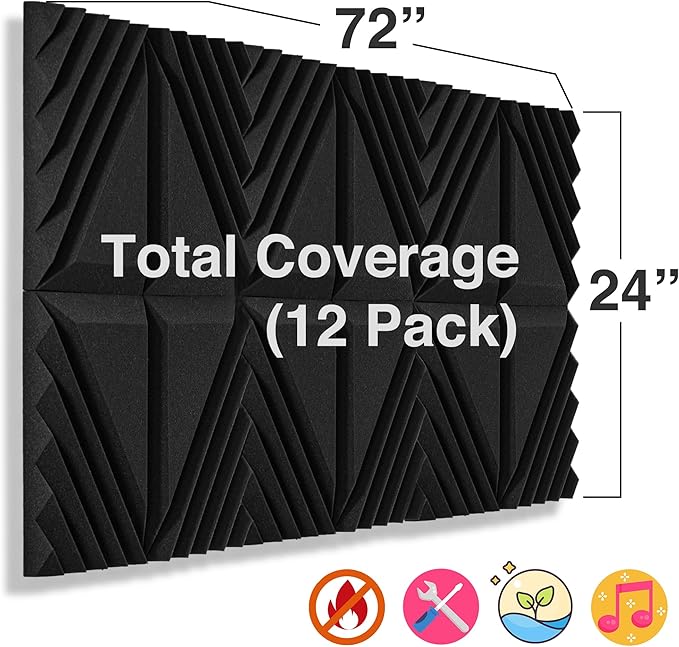 12 Pack Sound Proof Foam Panels for Walls, 12x12x2 Inches Half-Slash Style Acoustic Panels for Home Studio Acoustic Treatment (Black)