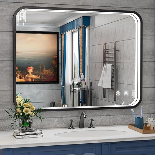40x30 Inch Black LED Mirror Bathroom with Lights, 3000K/4500K/6000K, Wall Mounted Lighted Vanity Mirrors for Bathroom, Anti-Fog, Stepless Dimmable, Memory Funtion, Horizontal/Vertical