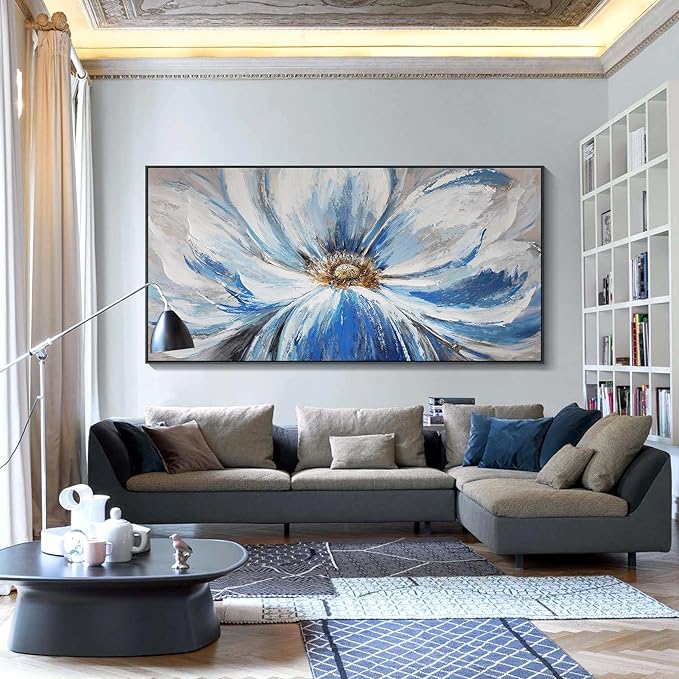 Mofutinpo Flower Wall Art Canvas Art Wall Decor For Living Room Home Decor Bedroom Pictures Aesthetic Blue Large Wall Art Framed Artwork For Walls Modern Kitchen Decor 29×58 Blacke Framed