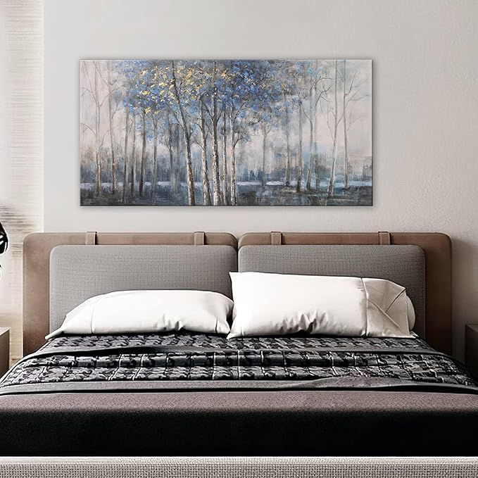 Canvas Wall Art Decor Modern Wall Art Decor Prints Gold Wall Art Pictures Wall Decor Blue Grey Misty Botanical Textured Artwork for Walls For Room Living Room Bedroom Office Wall Decor 20"X40"