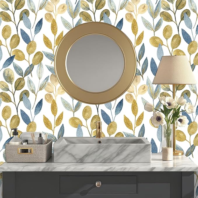 Blue Gold Leaf Peel and Stick Wallpaper Modern Self Adhesive Contact Paper Waterproof Removable Wall Paper for Bathroom Cabinets and Drawers 17.7"x212.6" Luxury Decorative Wallpaper