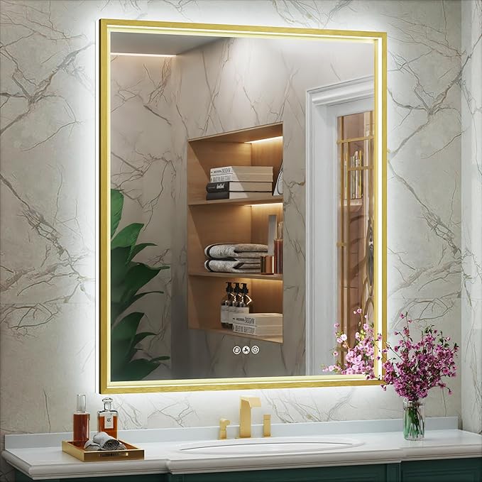 30x36 Inch Gold LED Bathroom Mirror with Front & Back Lights, Adjustable 3000K/4500K/6000K, Wall Mounted Lighted Bathroom Vanity Mirrors, Anti-Fog, Dimmable, Horizontal/Vertical