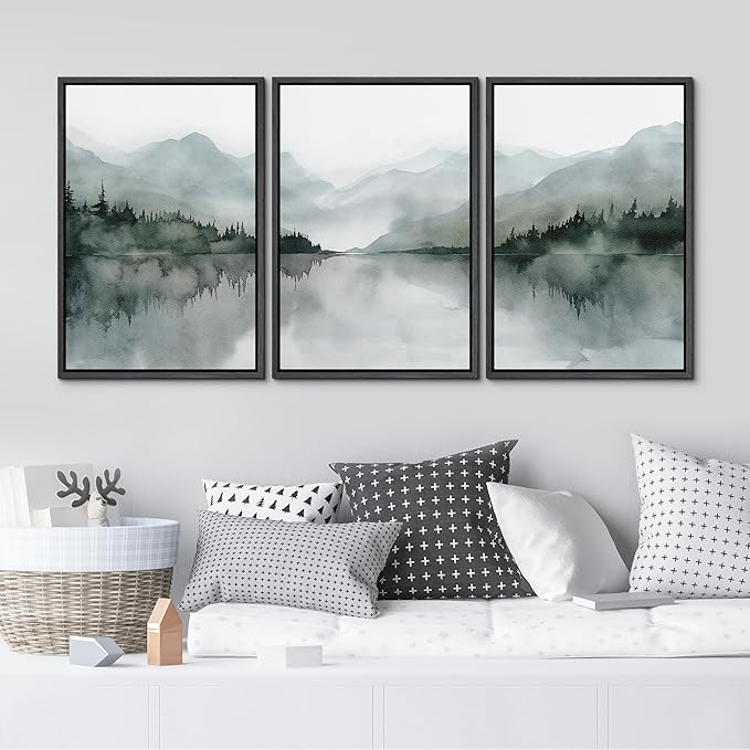 MUDECOR Framed Wall Art Print Set Misty Mountain Lake Watercolor Serene Illustrations Modern Art Boho Decorative Colorful Chic for Living Room, Bedroom, Office - 24"x36"x3 Black
