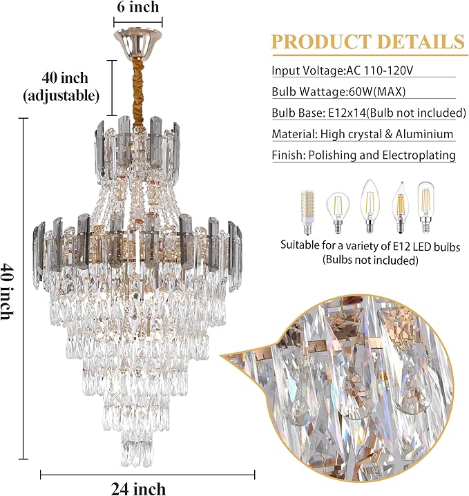 KoKo&Yukina D24 16-Light French Empire Crystal Chandeliers Living Room Crystal Chandeliers High Ceiling Room Chandelier Bedroom Chandelier Lights for Dining Room Foyer Entryway Adjustable Height