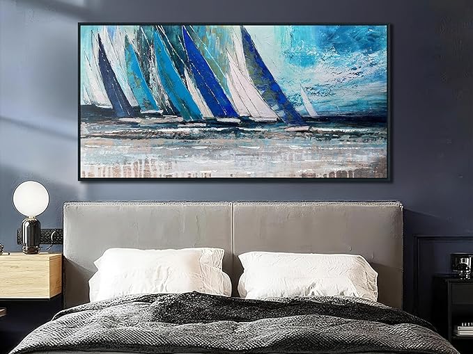Arjun Framed Wall Art Blue Extra Large Abstract Wall Art Canvas for Living Room, Teal Coastal Nautical Sailboat Picture Painting Artwork Bedroom Home Office Wall Decor, Black Wood 58"x29"
