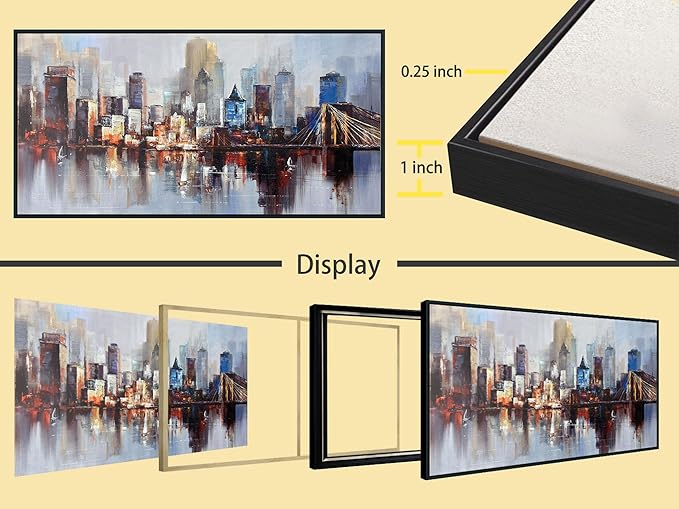 Arjun Brooklyn Bridge Wall Art Modern New York Abstract Canvas Cityscape Painting NYC Skyline Textured Picture for Living Room Bedroom Home Office Wall Decor Extra Large Size Black Wood Framed 58"x29"