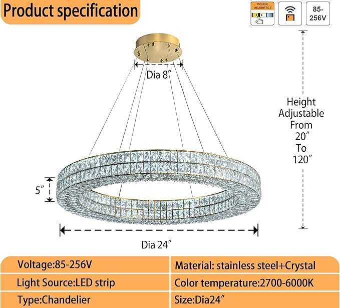Led 24" Gold Ring Crystal Chandelier, Modern Dimmable Chandeliers Lighting and Hanging Adjustable, LED Round Ceiling Light Fixtures for Dining Room Living Room