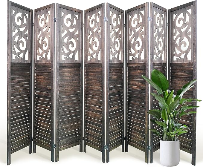 2 PCS Room Dividers 8 Panel Room Divider 5.6FT Wood Carved Room Dividers, Folding Privacy Screens Portable Freestanding Partition Wall Dividers for Bedroom, Office, Rustic Brown