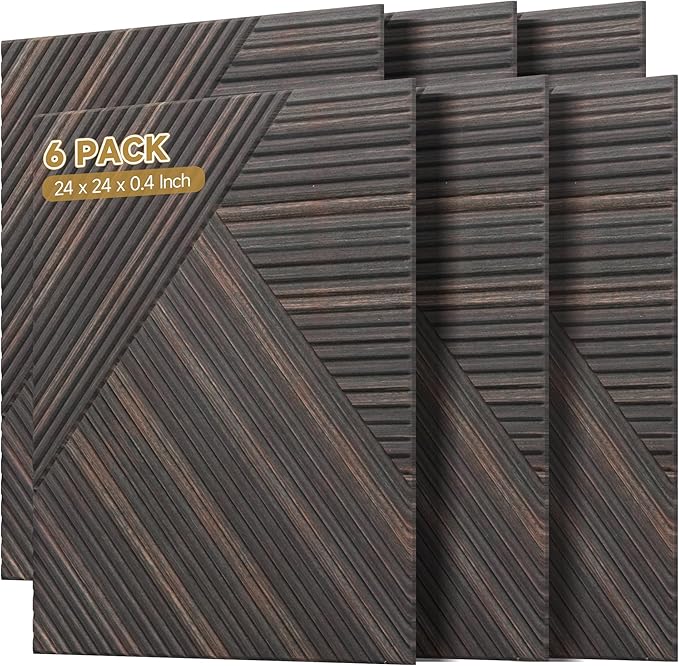 Acoustic Panels for Wall and Ceiling - 6 Pack 2'x2'x0.4",Self-Adhesive 3D UV Printing Decorative Wall Panels with Wood Look,Rustic Walnut