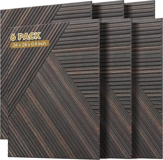 Acoustic Panels for Wall and Ceiling - 6 Pack 2'x2'x0.4",Self-Adhesive 3D UV Printing Decorative Wall Panels with Wood Look,Rustic Walnut