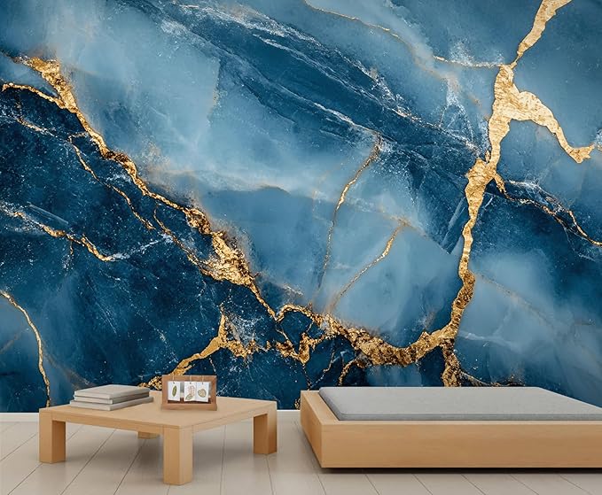 Blue Gold Marble Mural Wallpaper, Modern Fashion Marble Murals, Abstract 3D Texture Murals, Large Wallpaper for Living Room Bedroom Kids Room Home Decor Mural (Not Peel Stick)