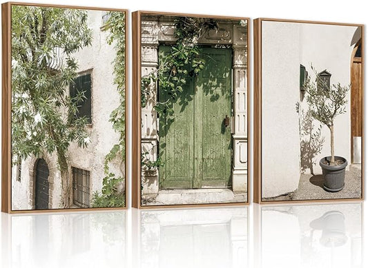 CHDITB Vintage Italy City Framed Wall Art, Nature Botanical Olive Green Wall Decor, Rustic Italian Landscape Painting, Modern Minimalist Country Art Prints for Living Room, Bedroom, Office 24"x36"x3