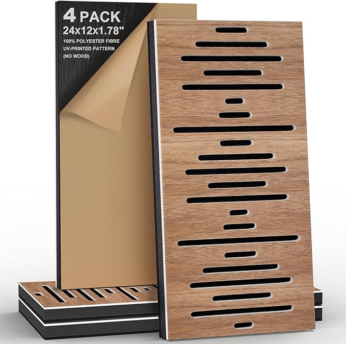 4Pack Acoustic Wall Panel Self-Adhesive Soundproof Foam Panels for Wall, 3D Perforated Tri-Layer Polyester Fiber Decorative Acoustic Insulation for Recording Studio, Office, 24×12×1.78", Waveform-Line