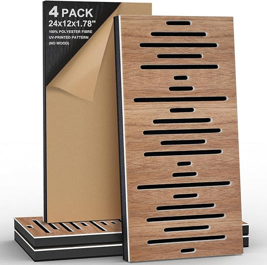 4Pack Acoustic Wall Panel Self-Adhesive Soundproof Foam Panels for Wall, 3D Perforated Tri-Layer Polyester Fiber Decorative Acoustic Insulation for Recording Studio, Office, 24×12×1.78", Waveform-Line