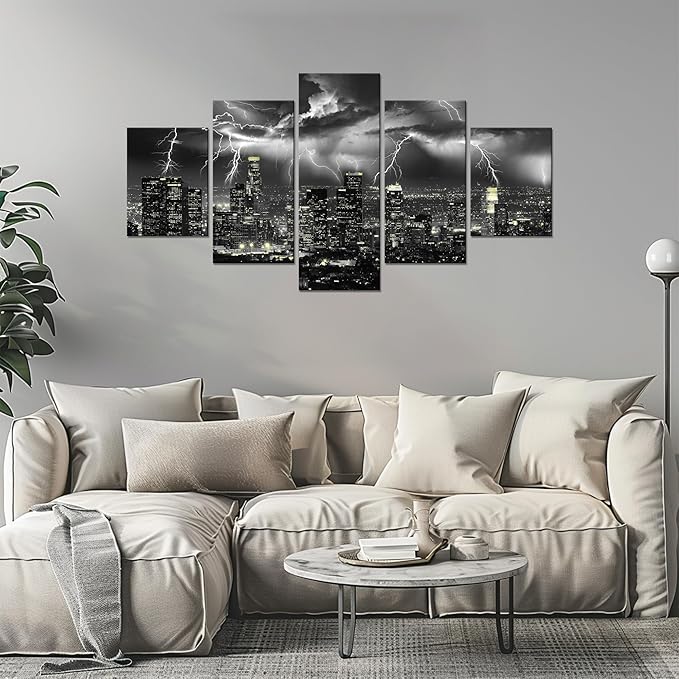 Cawpom Wall Art Los Angeles Black and White Wall Decor Lightning Storm Pictures Frame Storm Cityscape Canvas Print Natural Landscape Painting Poster Home Living Room Decoration(60x32 inches)