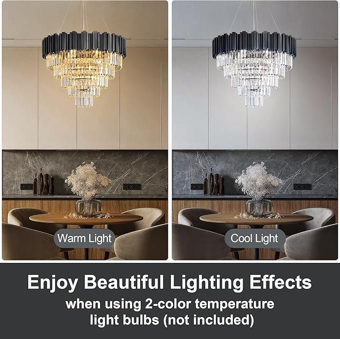 5-Tier 27.5" Black Chandelier, 9-Light Modern Crystal Chandelier, Luxury Round K9 Crystal Chandeliers Pendant Light Fixture for Dining Room, Living Room, Bedroom, Foyer, Entryway, Kitchen, Restaurant