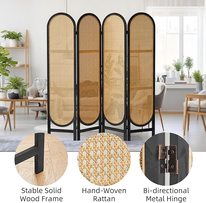 4 Panel Room Divider, Double Hinged Foldable Wooden Room Divider, Individual Privacy Screen Made of Hand-Woven Rattan, Portable Wall Divider for Home Office Bedroom Bathroom (Black Natural)