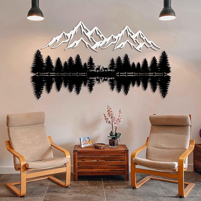 KAWA METALWORKS Mountain and Forest Wall Art Home Decor, Metal Pine Trees and Hill, Large Nature Decor, Mountain Landscape