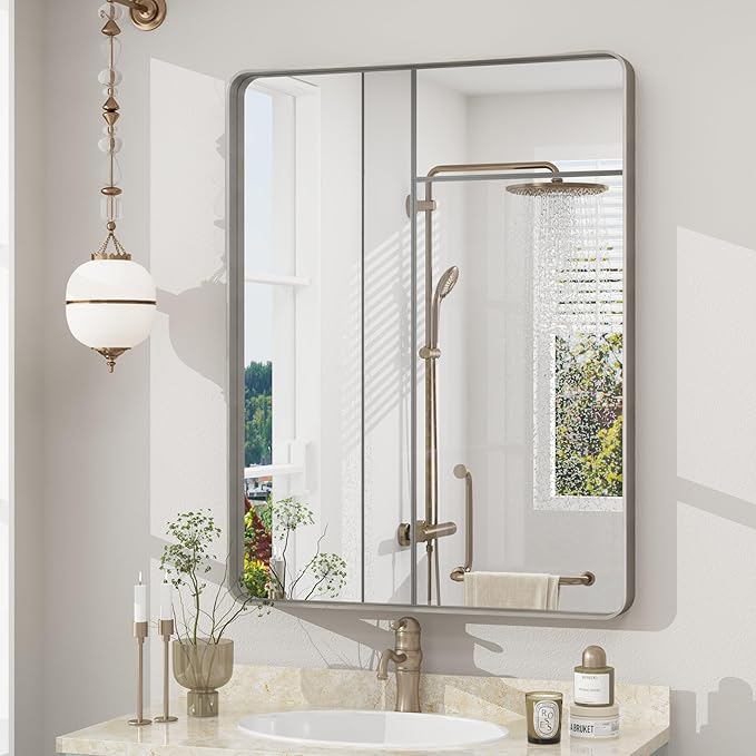 22x30 Inch Silver Bathroom Mirror, Brushed Metal Framed Vanity Mirror for Wall, Rounded Corner Rectangle Mirror, Anti- Rust (Horizontal/Vertical)