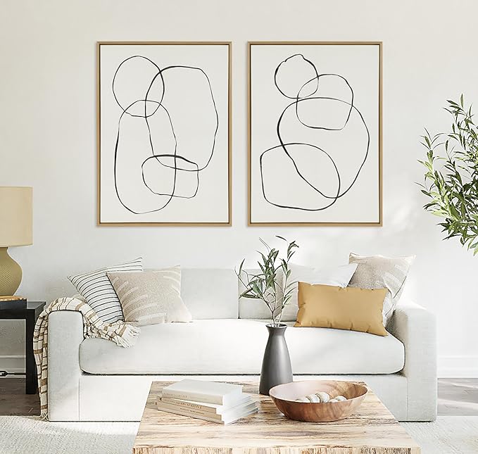Kate and Laurel Sylvie 871 Modern Circles and 869 Going in Circles Framed Linen Textured Canvas Wall Art Set by Teju Reval of SnazzyHues, 2 Piece Set 28x38 Natural, Modern Abstract Art for Wall