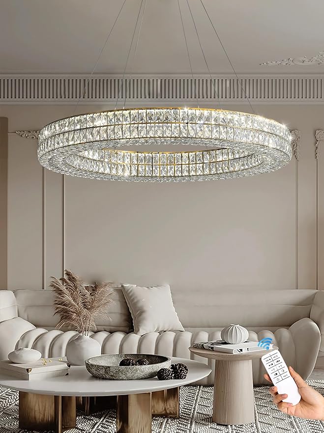 47.5 inch Large Ring Chandelier Gold Ring Pendant Light Round Crystal Chandelier for Dining Room Living Room Led Dimmable 2700k-6000k