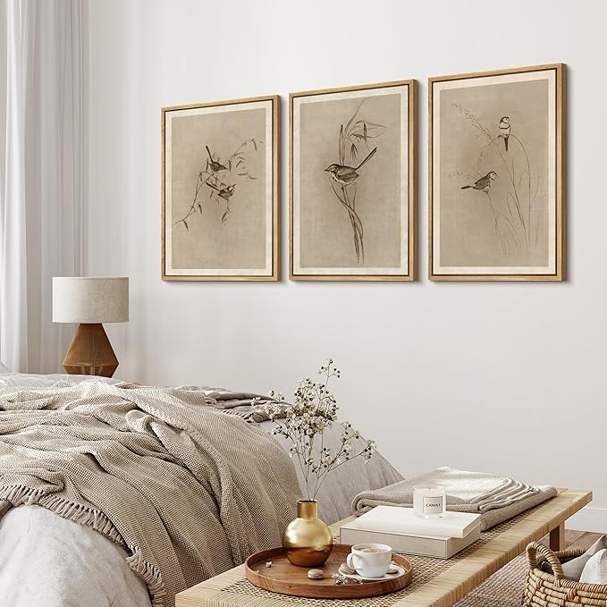 MUDECOR Framed Wall Art Print Set Vintage Bird Wheat Ear Illustrations Modern Art Boho Decorative Colorful Chic for Living Room, Bedroom, Office - 16"x24"x3 Natural