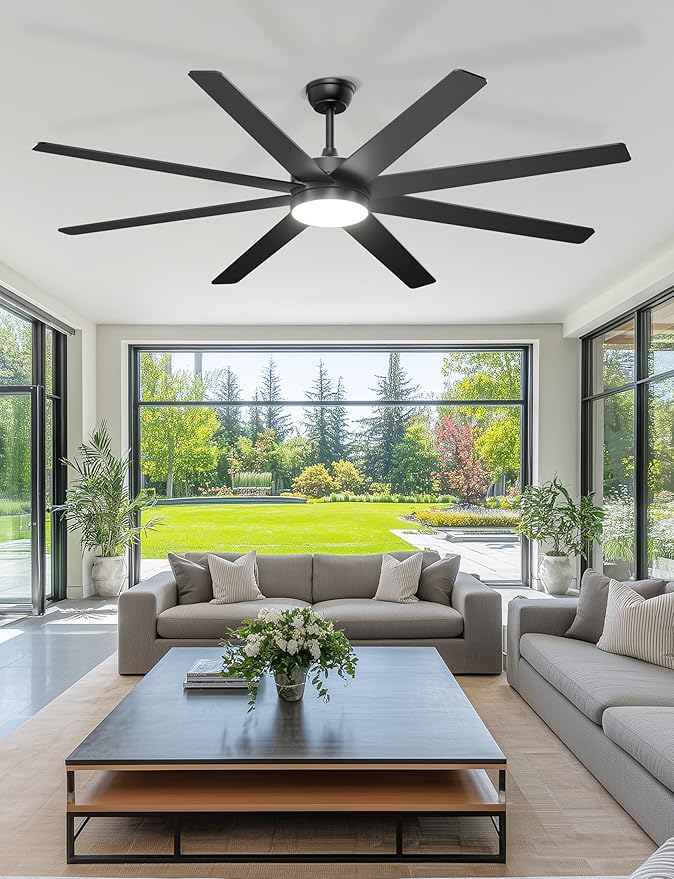 72'' Large Ceiling Fans with Lights, Modern Black Ceiling Fan Remote/APP Control, Dimmable, Quiet DC Motor Big Ceiling Fan for Indoor/Covered Outdoor