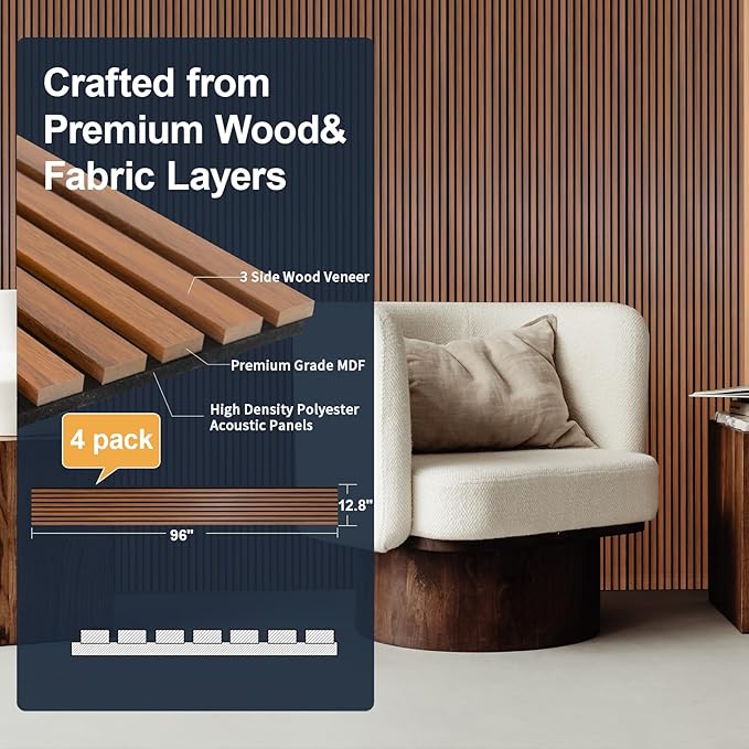 NeatiEase Wood Panels for Wall, 4-Piece 96" x 12.6" Soundproof Wood Slat Wall Panel for Interior Wall Decor Noise Cancelling, Acoustic Wall Panels, Sound Absorbing Panel (Teak)